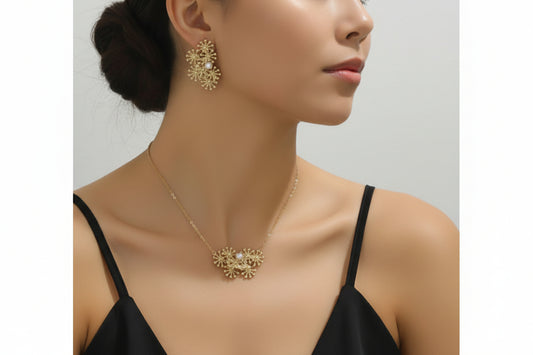 Gold necklace and earrings on a model against a neutral background