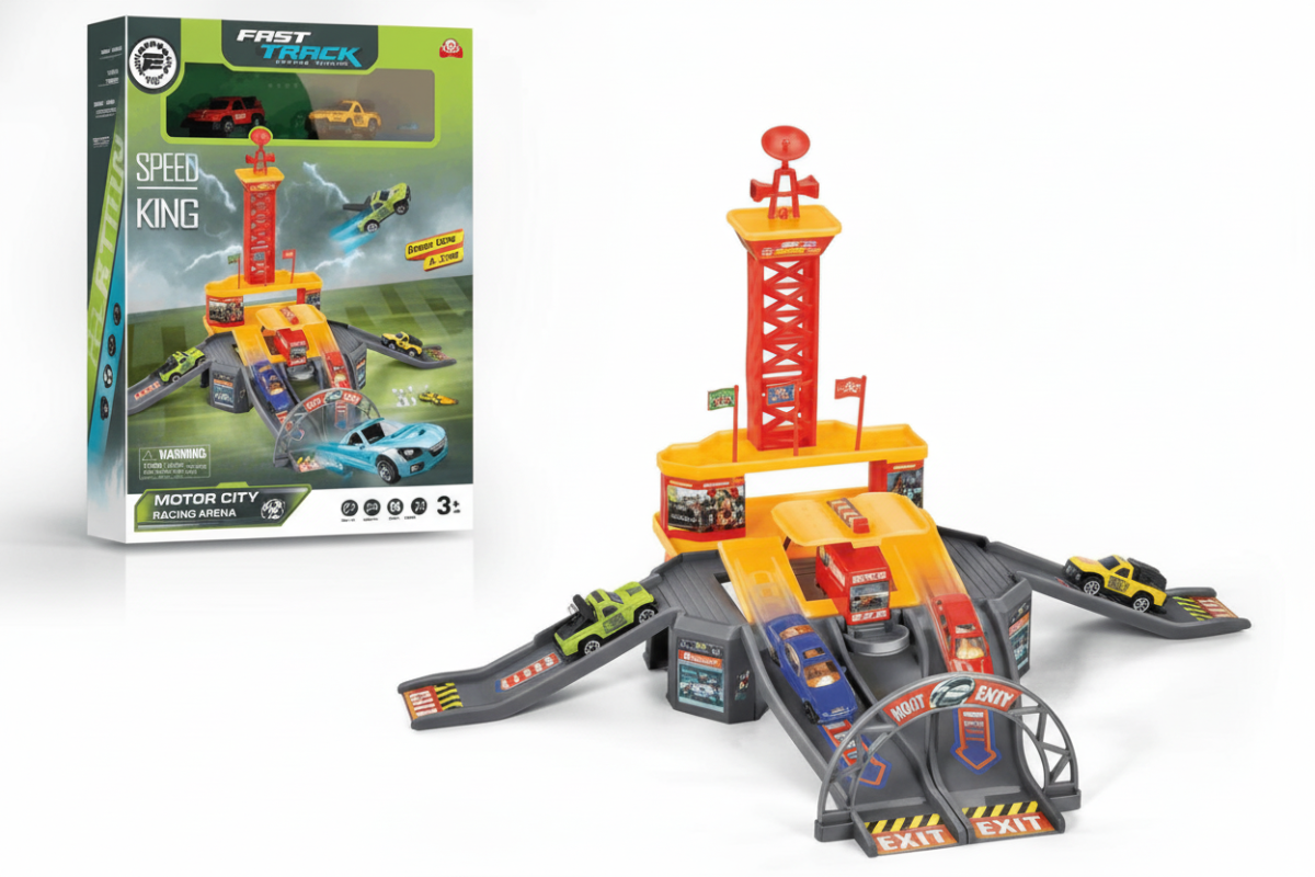 Toy race track set with cars and packaging on a white background