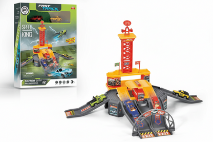 Toy race track set with cars and packaging on a white background