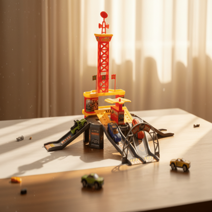 Toy car track set with a red tower on a wooden surface