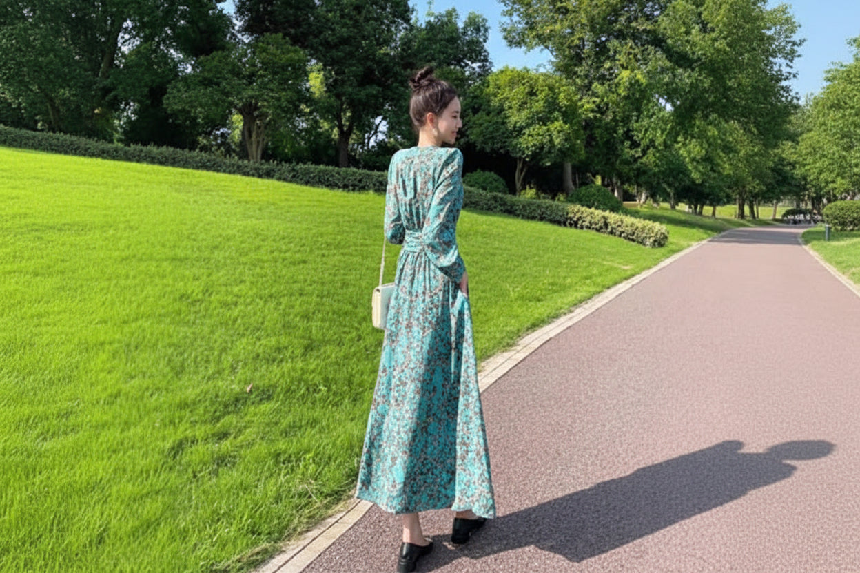 Woman in a green dress walking on a path in a park