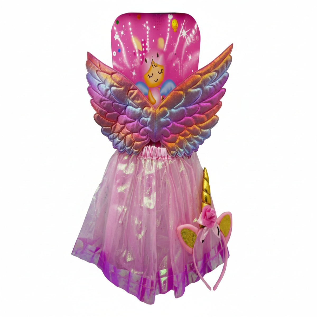 Pink fairy costume with rainbow wings and headband on a white background