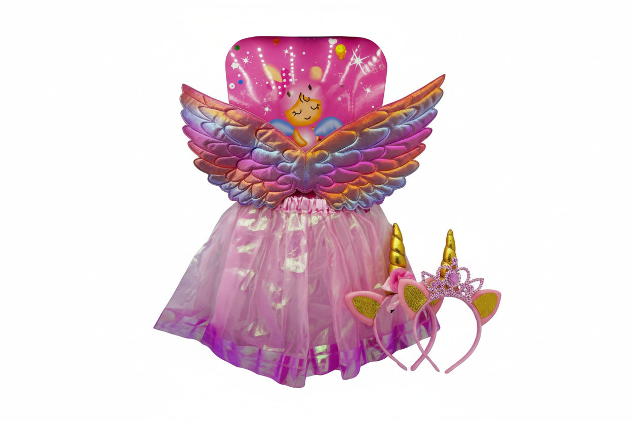 Pink fairy costume with rainbow wings and headband on a white background