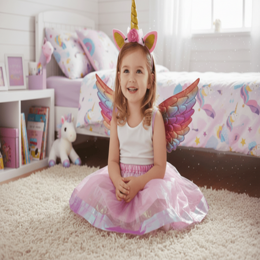 Child in unicorn costume with wings and headband in a bedroom