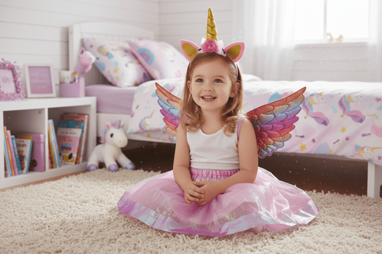 Child in unicorn costume with wings and headband in a bedroom