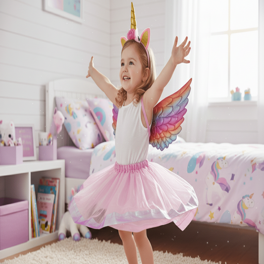 Child in unicorn costume with wings in a bedroom