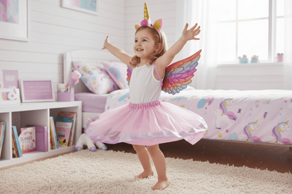 Child in unicorn costume with wings in a bedroom