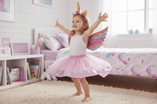 Child in unicorn costume with wings in a bedroom