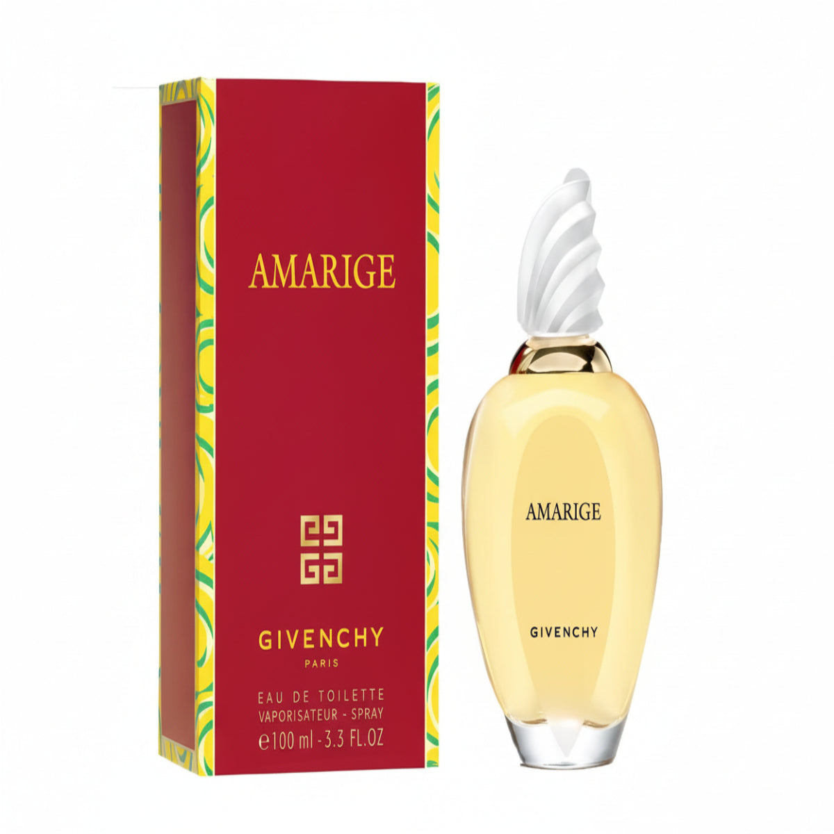 Givenchy Amarige perfume bottle and packaging on a white background