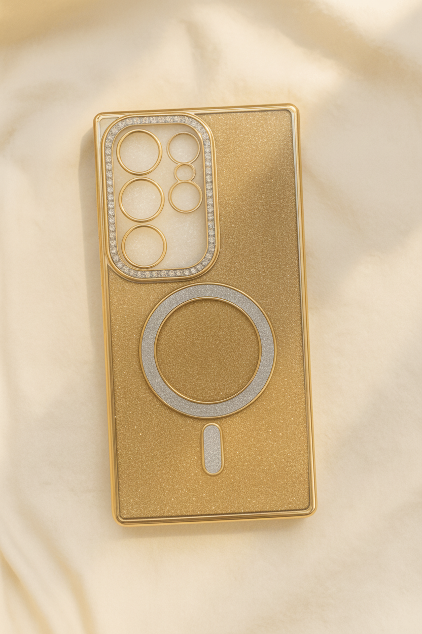 Gold phone case with diamond-studded design on a beige fabric background