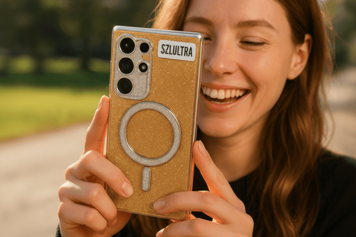 Person holding a gold phone case with 'S24ULTRA' branding outdoors.