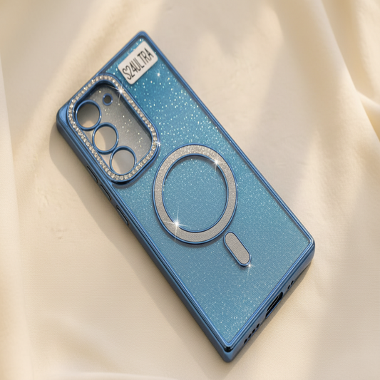 Blue phone case with 'S24 Ultra' branding on a beige fabric background