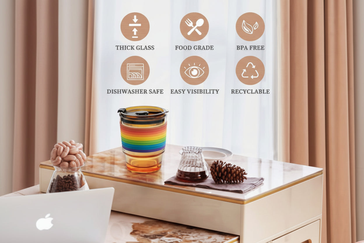 Glass container on a table with features highlighted, including thick glass, food grade, BPA free, dishwasher safe, easy visibility, and recyclable.