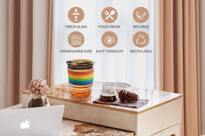 Glass container on a table with features highlighted, including thick glass, food grade, BPA free, dishwasher safe, easy visibility, and recyclable.