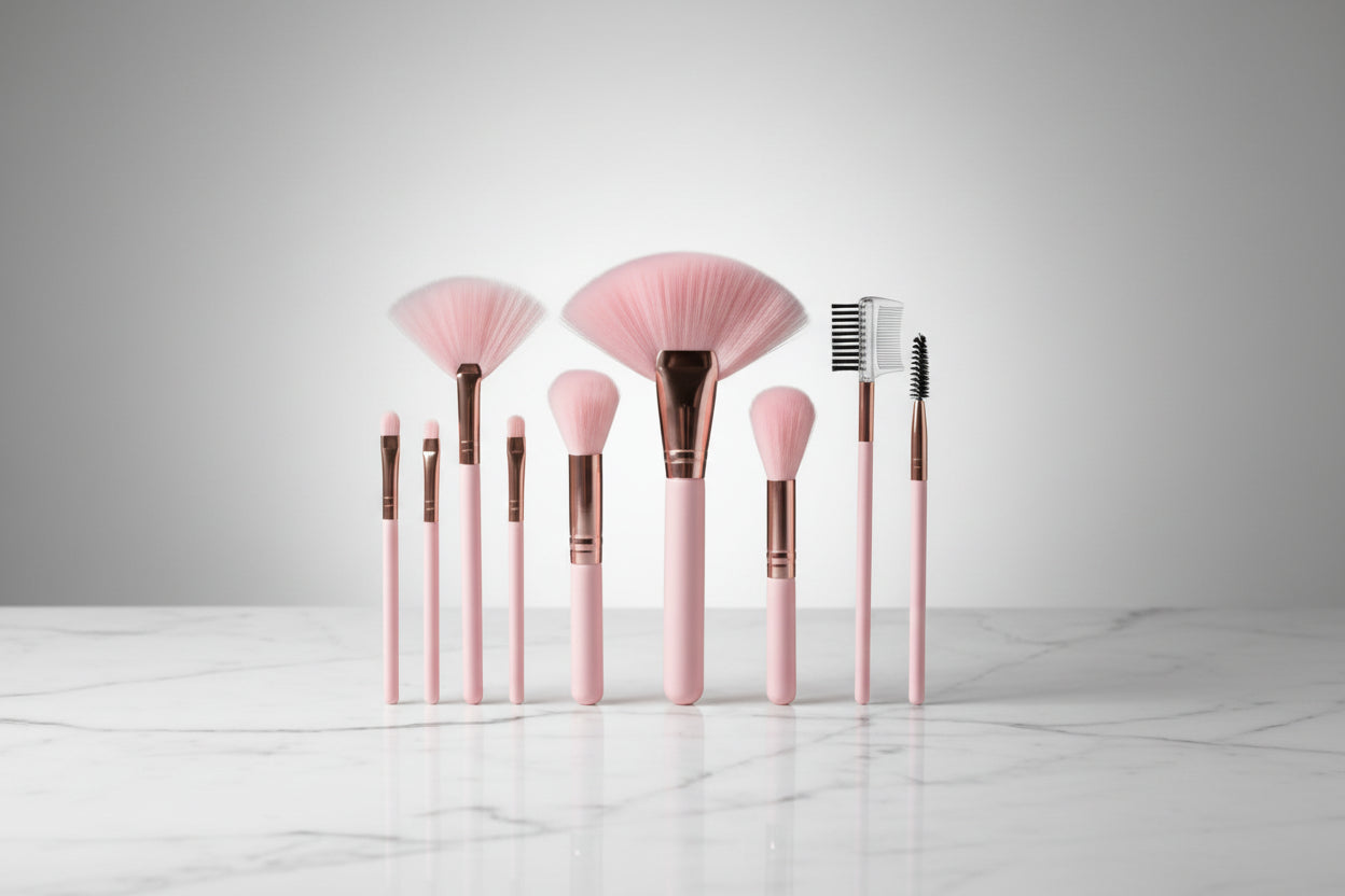 Set of pink and rose gold makeup brushes on a light gray background
