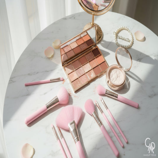 Makeup set with pink brushes and a compact mirror on a marble surface