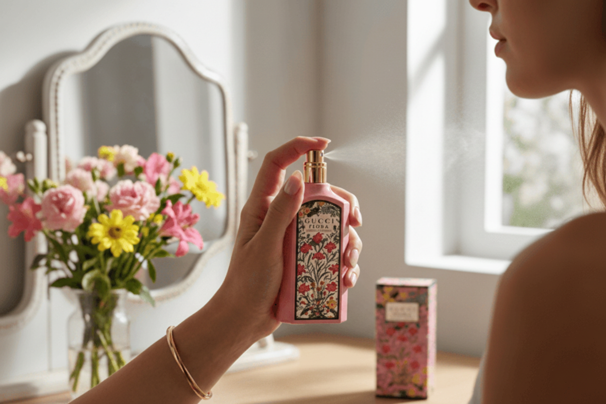 Person holding a pink Gucci Flora perfume bottle with floral design