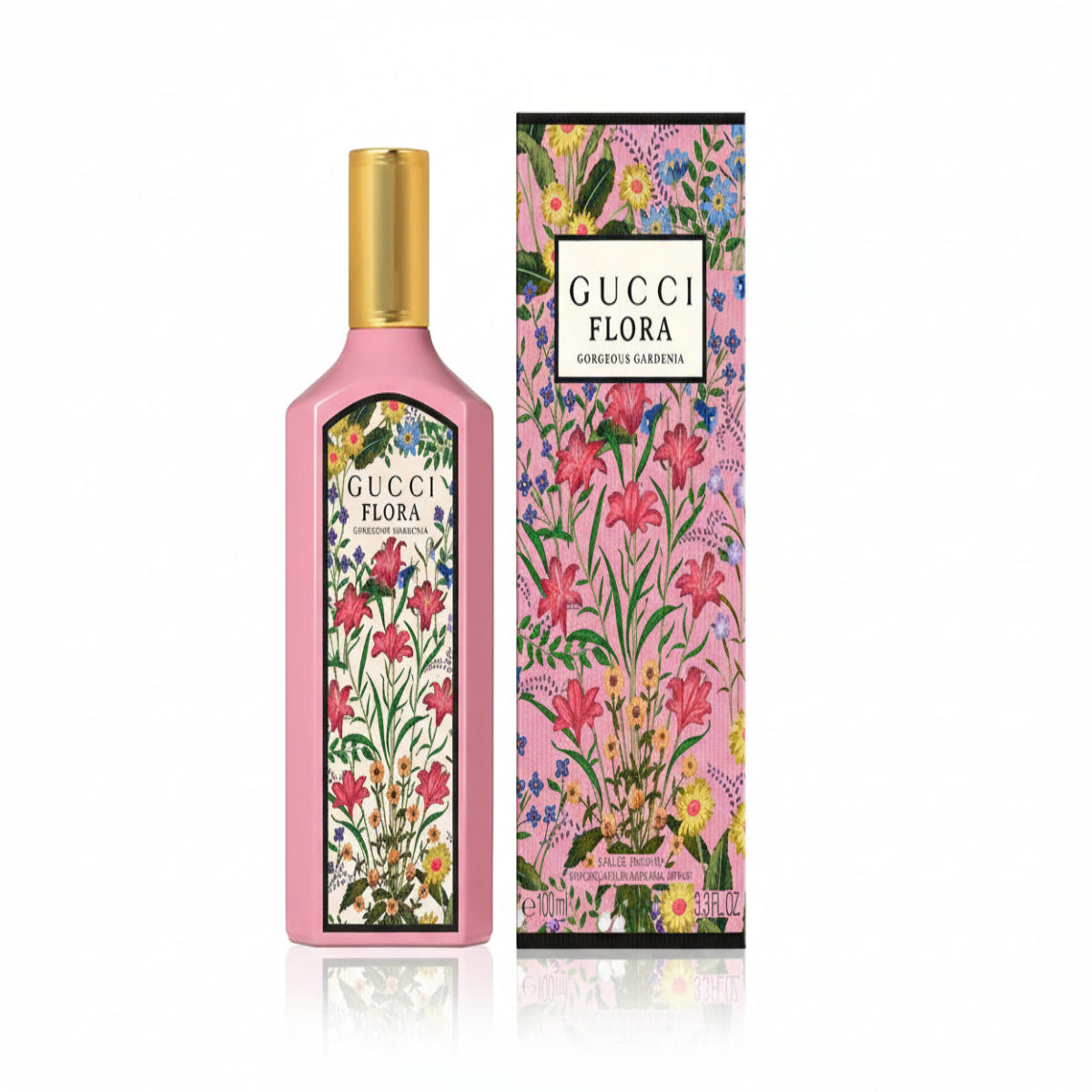 Gucci Flora perfume bottle and packaging with floral design on a white background