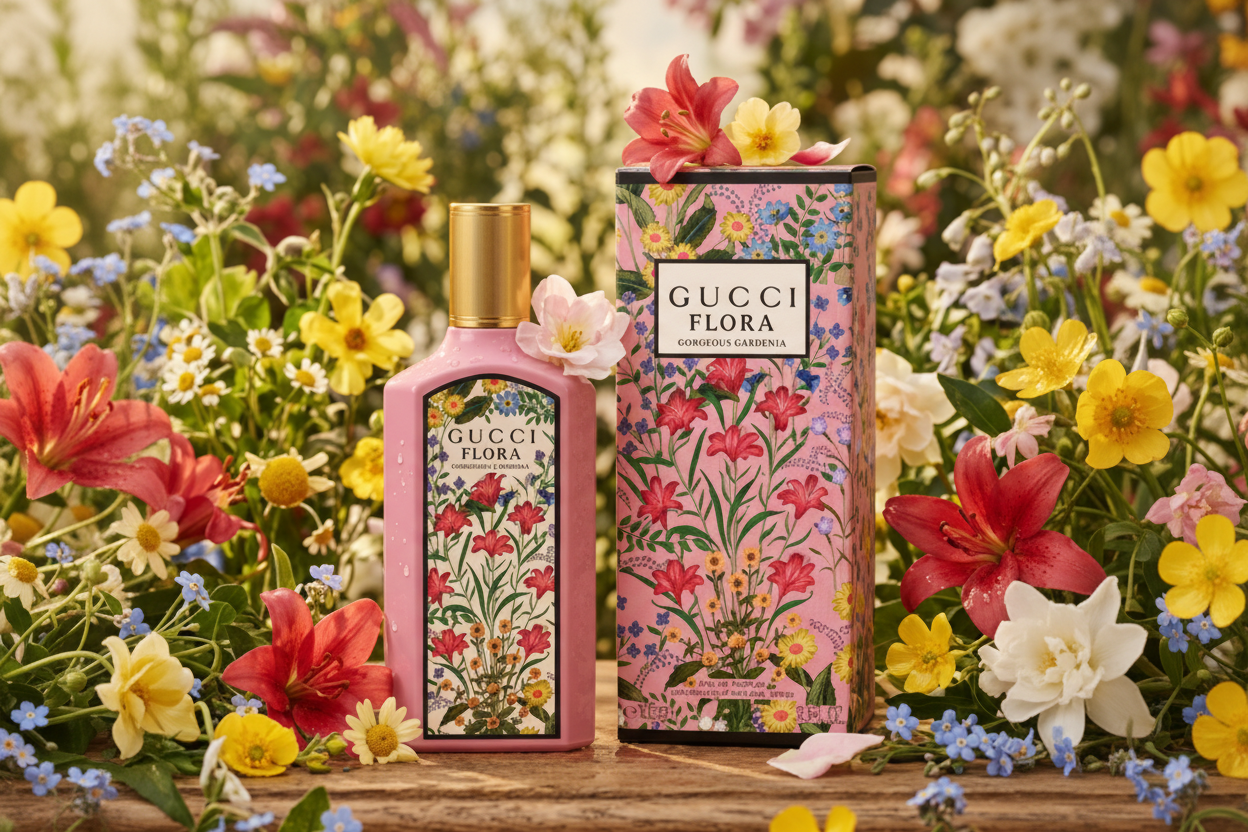 Gucci Flora perfume bottle and packaging surrounded by flowers