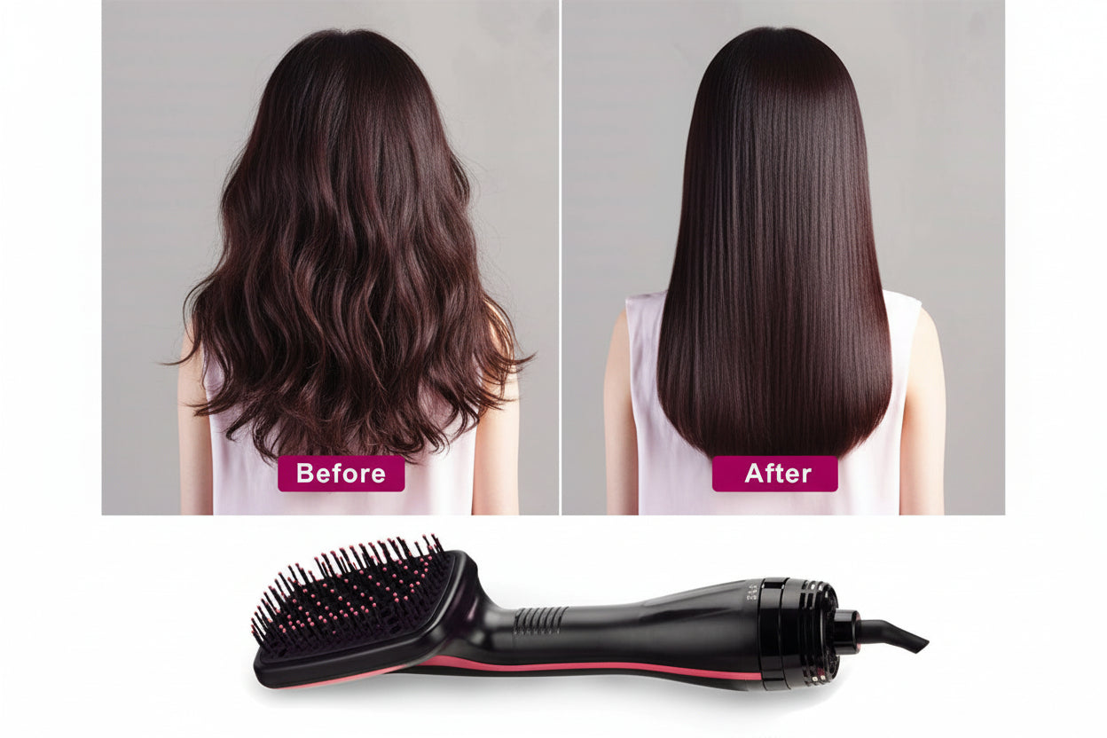 Before and after comparison of hair using a hair straightening tool on a gray background.