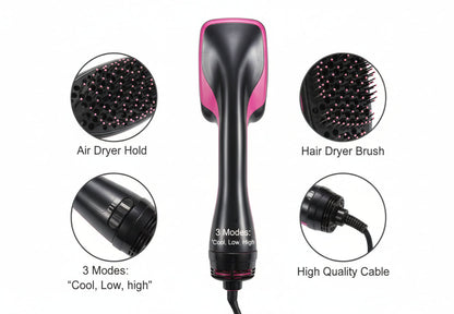 Multifunctional hair dryer with air dryer hold, hair dryer brush, 3 modes, and high-quality cable on a white background.