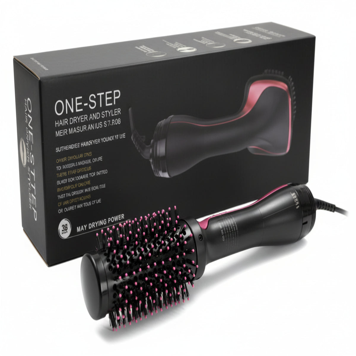 One-step hair dryer and volumizer with packaging on a white background