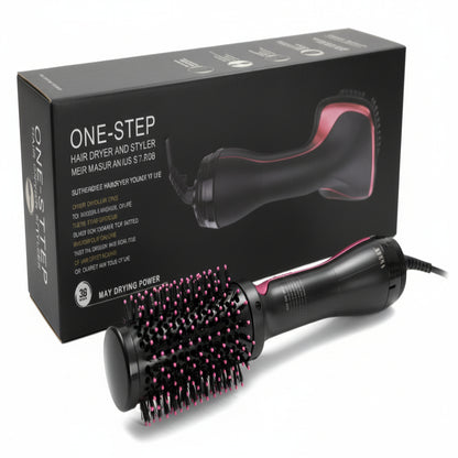 One-step hair dryer and volumizer with packaging on a white background