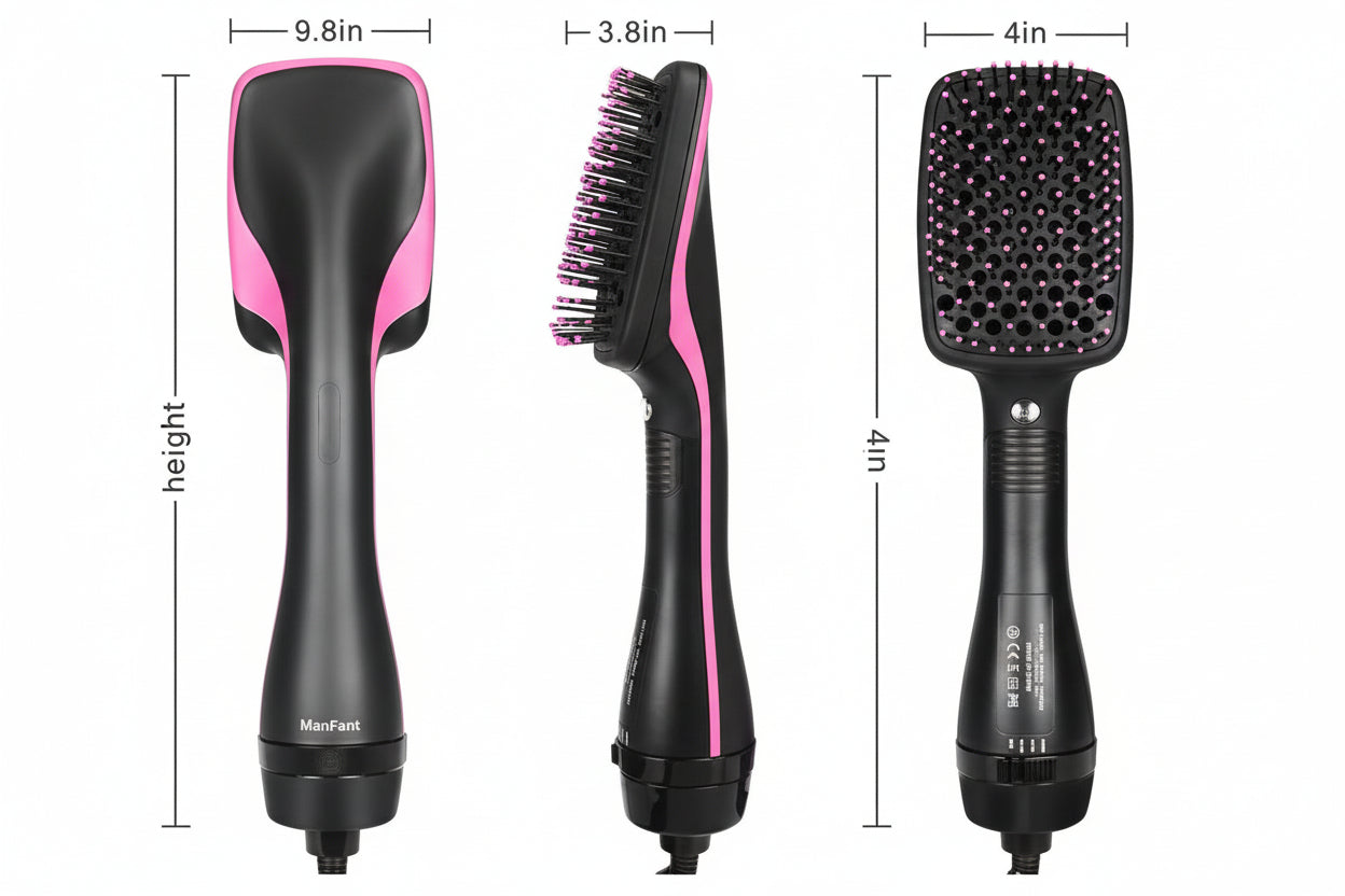 Three hair styling tools with measurements on a white background