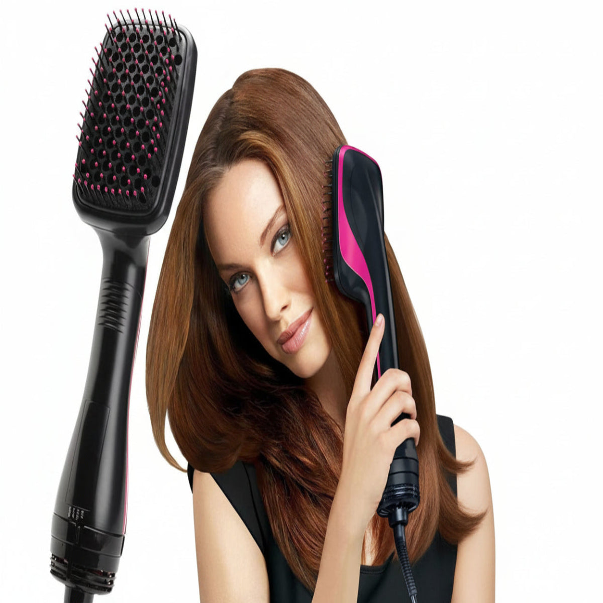 Woman using a black and pink hair styling tool with close-up of the tool on a white background