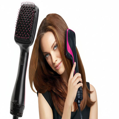 Woman using a black and pink hair styling tool with close-up of the tool on a white background