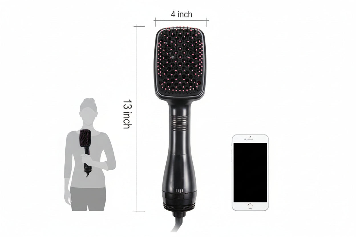 Hair styling tool with measurements shown next to a smartphone and a silhouette of a person.