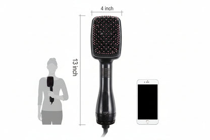 Hair styling tool with measurements shown next to a smartphone and a silhouette of a person.