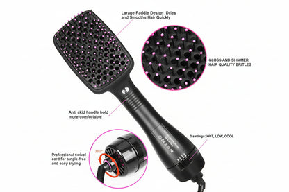 Hair styling tool with features highlighted on a white background