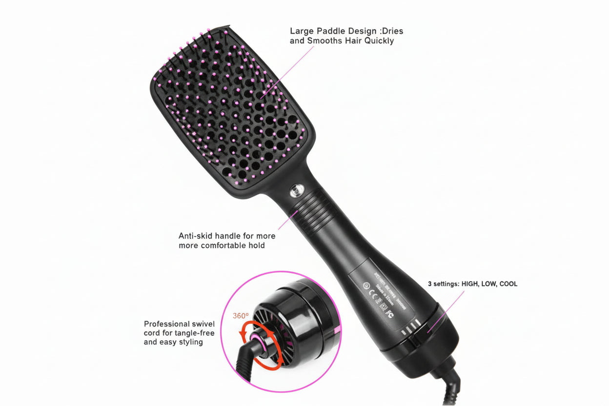 Hair styling tool with features highlighted on a white background