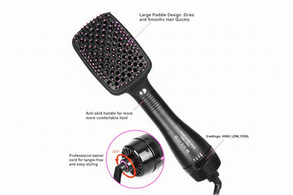 Hair styling tool with features highlighted on a white background