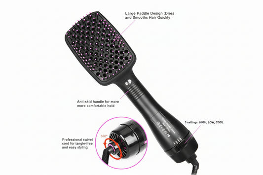 Hair styling tool with features highlighted on a white background
