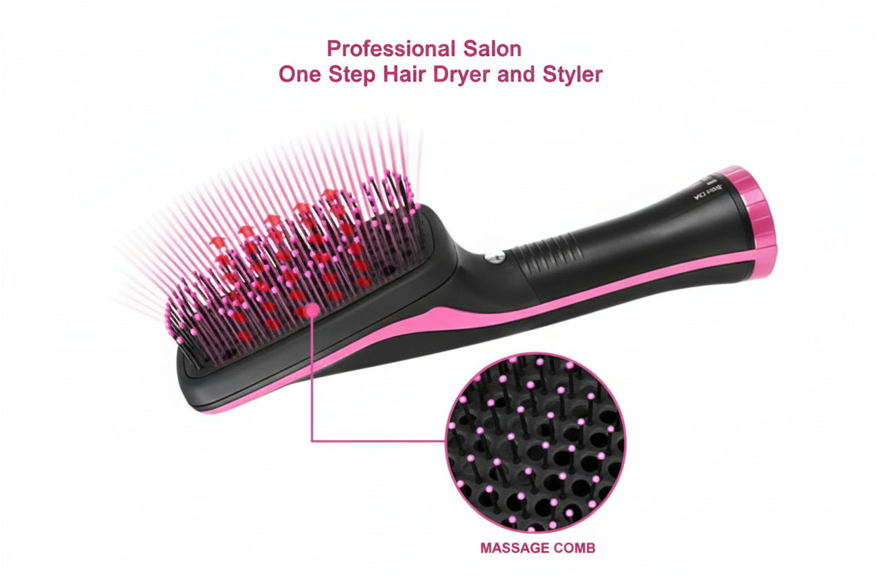 Hair dryer and styler with massage comb on a white background