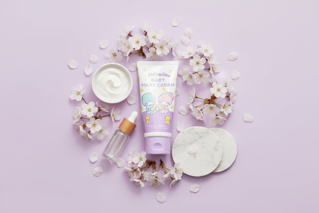 Baby skincare products including a tube of cream, a dropper bottle, and cotton pads on a light purple background with flowers.