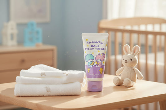 Tube of 'Baby Milky Cream' with a plush toy on a wooden surface