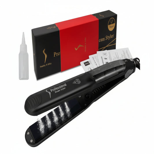 Black steam styling tool with packaging on a white background