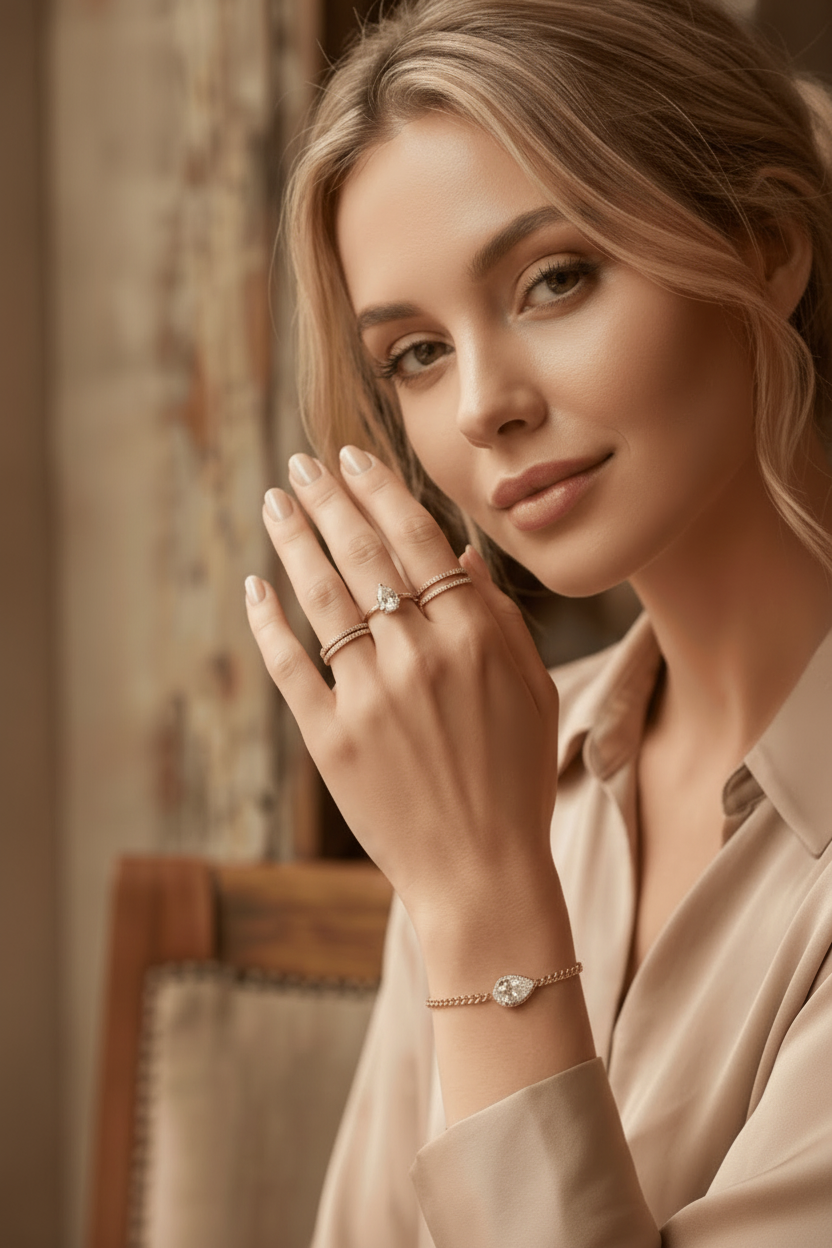 Woman wearing multiple rings and a bracelet, with a neutral background