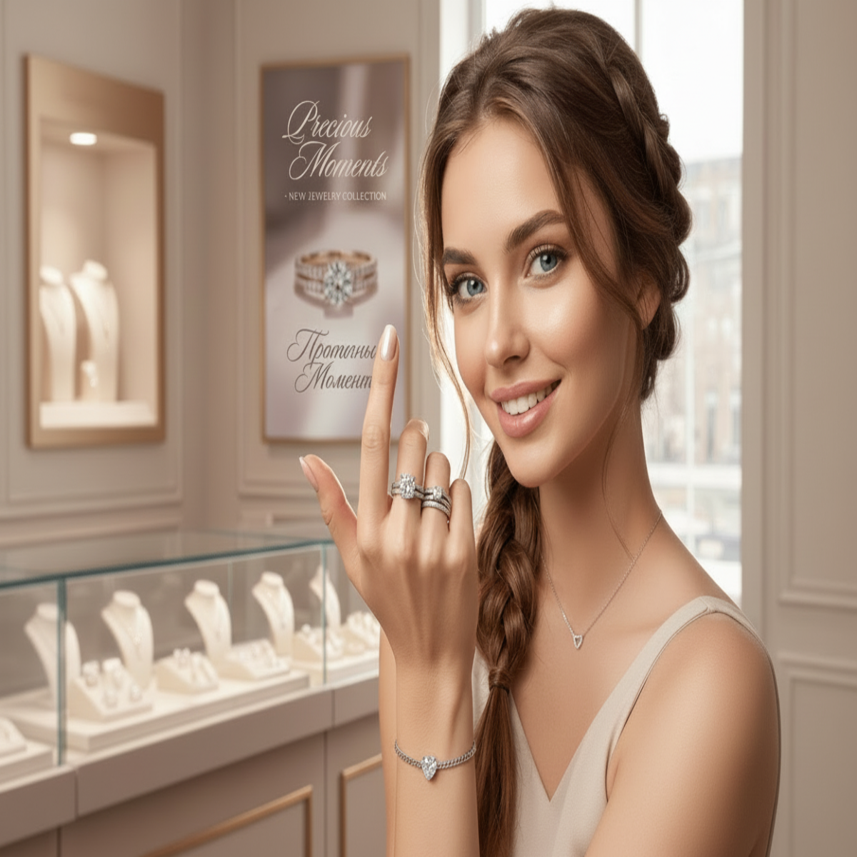 Woman wearing multiple rings on her hand with jewelry display in the background