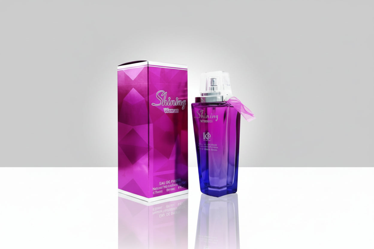 Perfume bottle and packaging with a purple design on a gray background
