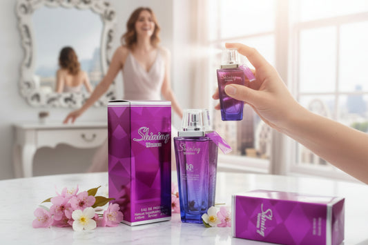 Shining perfume bottle and packaging on a table with a blurred background