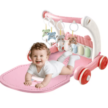 Baby in a pink and white crib with toys on a white background