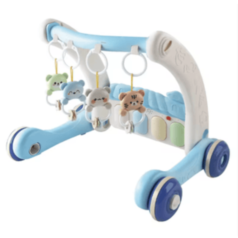 Baby walker with hanging toys on a white background