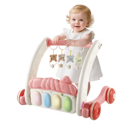 Child playing with a colorful toy walker on a white background