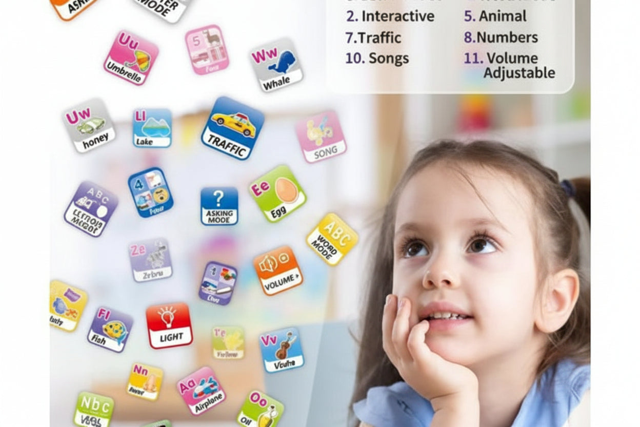 Educational app icons with a child looking at them, featuring modes like letter mode, word mode, and traffic.