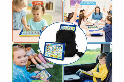 Collage of children using educational tablets in various settings with a backpack featuring a tablet.