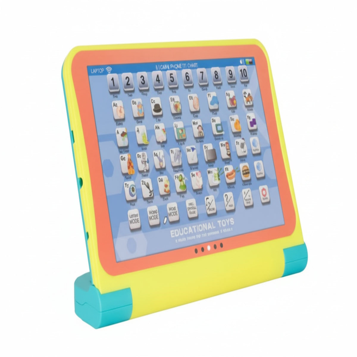 Colorful educational toy tablet with a screen displaying letters and numbers on a white background
